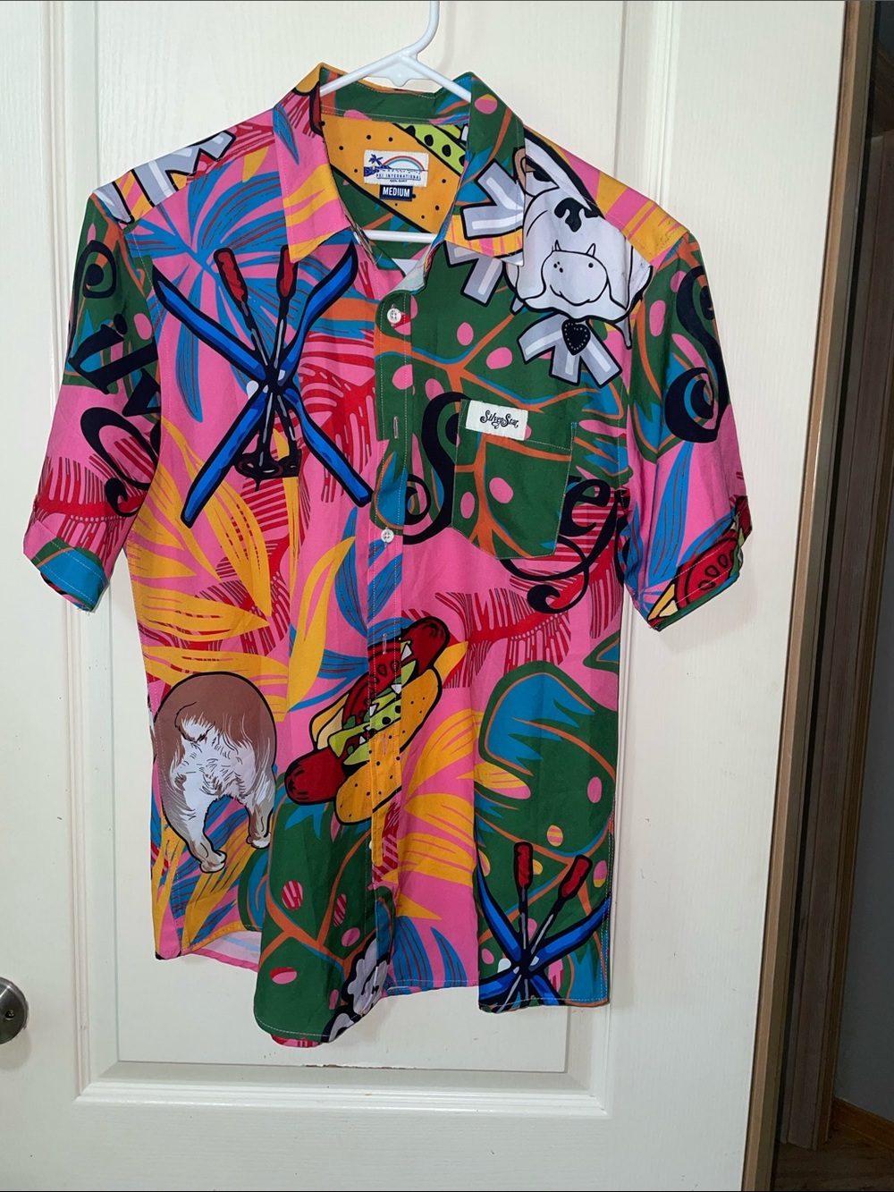 Colorful Pink Multi Tropical Print Short-Sleeve Button-Down Shirt by Softgoods